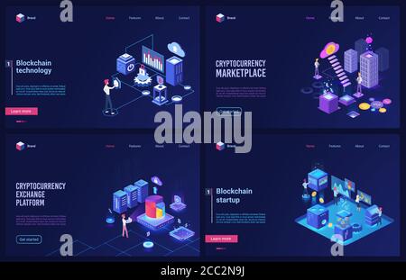 Blockchain Kryptowährung Marktplatz Technologie isometrische Vektor-Illustrationen. Cartoon blau 3d Design Vorlage Schnittstelle Tech-Set mit Cryptocoin Plattform Startup, Börse für digitales Geld Stock Vektor
