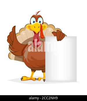 Alles Gute Zum Erntedankfest. Lustiger Thanksgiving-Truthahn-Vogel, der in der Nähe einer leeren Plakette Vektorgrafik auf weißem Hintergrund Stock Vektor