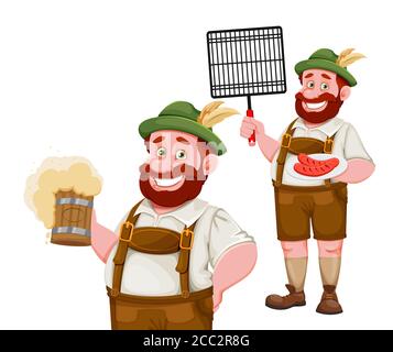 Mann in bayerischer Kleidung, lustige Zeichentrickfigur, Satz von zwei Posen. Münchner Bierfest Oktoberfest. Vektorgrafik Stock Vektor