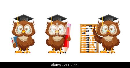 Niedliche Weise Eule, Satz von drei Posen. Lustige Eule Cartoon-Figur hält Buch, hält großen Bleistift und hält Abacus, zurück zur Schule Konzept. Vektor-Abb. Stock Vektor