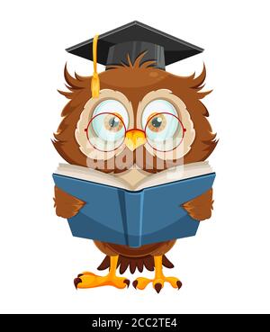 Niedliche Weise Eule Buch lesen. Lustige Eule Zeichentrickfigur, zurück zur Schule Konzept. Vektorgrafik auf weißem Hintergrund Stock Vektor