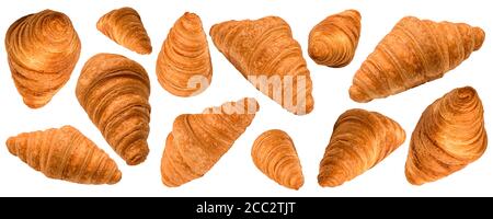 Set von frischen schwebendem oder fliegenden Croissants aus verschiedenen Positionen und Winkeln isoliert auf weißem Hintergrund. Banner. Modell für Schild Stockfoto