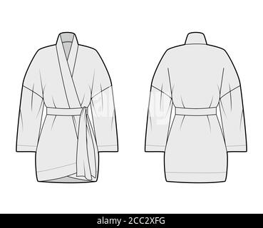 Kimono technische Mode-Illustration mit entspannter Passform, langen weiten Ärmeln, Gürtel um die Taille zu cinch, über-die-Knie-Länge. Flatwear Bluse Vorlage vorne, hinten grau Farbe. Damen Herren Unisex-Shirt Stock Vektor