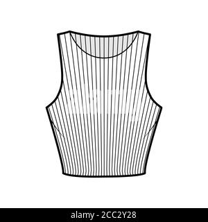 3/4-Tanktop aus geripptem Baumwoll-Jersey mit technischer Fashion-Illustration mit schmaler Passform, Taillenlänge und Rundhalsausschnitt. Flach außen oben Bekleidungsvorlage vorne, weiß. Damen, Herren Unisex-Shirt gestrickt mockup Stock Vektor