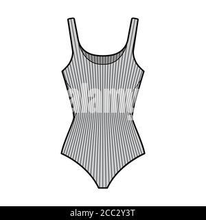 Body aus geripptem Baumwoll-Jersey-Tank mit technischer Fashion-Illustration mit taillierter Strickbody, ärmellos. Flach außen Cami Bekleidungsvorlage vorne, grau. Damen Herren Unisex TOP CAD Mockup. Stock Vektor