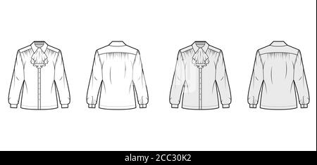 Jabot Shirt technische Mode Illustration mit langen Ärmeln mit Manschette, Rüschen entlang der klassischen Kragen. Flatwear Bluse Schablone vorne, hinten, weiß, grau. Damen Herren Unisex TOP CAD Mockup Stock Vektor