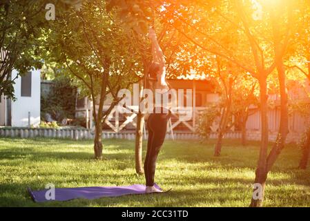 Schwangere Frau im Garten praktiziert Yoga und begrüßt die Sonne. Sommermorgen. Stockfoto