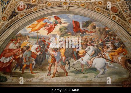 Die Begegnung von Leo dem Großen und Attila, ein Fresko des italienischen Renaissance-Künstlers Raphael auf der Westwand des Zimmers des Heliodorus im Apo Stockfoto