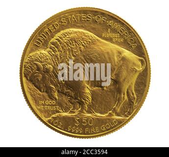 Gold American Buffalo 50 Dollar. 1 Unze Münze, isoliert Stockfoto