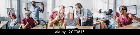 Collage aus multiethnischen Geschäftsleuten mit vr-Headset mit Daumen Im Büro Stockfoto