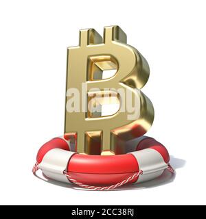 Golden Bitcoin Zeichen in Rettungsring 3D Rendering Illustration isoliert auf Weißer Hintergrund Stockfoto