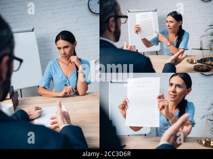 Collage von Brünette und unzufrieden Client zeigt mit dem Finger auf Versicherungspolice Vereinbarung in der Nähe Anwalt Stockfoto