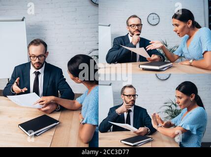 Collage von bärtigen Anwalt mit Versicherungsunterlagen in der Nähe unzufrieden Brünette Der Kunde zeigte keine Geste im Büro Stockfoto