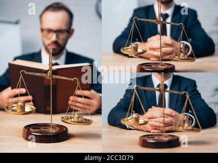 Collage von bärtigen Anwalt hält Buch und sitzen mit geballt Hände in der Nähe von goldenen Schuppen Stockfoto