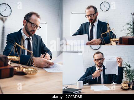 Collage des Geschäftsmannes in den Gläsern, die Versicherungsdokumente betrachten In der Nähe von Waagen und Büchern im Büro Stockfoto