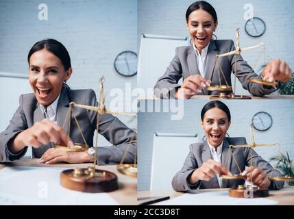 Collage von aufgeregt Anwalt berühren goldenen Schuppen im Büro Stockfoto