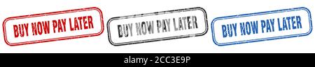 Kaufen Sie jetzt zahlen später quadratische isolierte Zeichen-Set. Kaufen Sie jetzt zahlen später Stempel Stock Vektor
