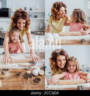 Collage von lockigen Frau mit Tochter ausrollen Teig, und Mädchen berühren Mütter Nase in der Küche Stockfoto