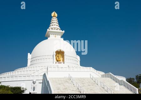 Lumbini, Nepal - Weltfriedenspagode in Lumbini, Nepal. Lumbini, der Geburtsort des Buddha und die acht großen Orte. Stockfoto