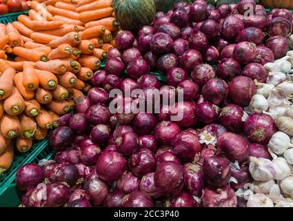 Zwiebel ist der beliebte Name der Pflanze, deren wissenschaftlicher Name Allium cepa ist. Der Begriff bezieht sich auch auf seine Glühbirne, die aus schuppigen, geschichteten Blättern besteht. Sein fl Stockfoto