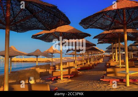 Sonnenschirme am Strand in ägypten Stockfoto