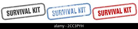 Survival Kit quadratisch isoliert Zeichen gesetzt. Survival Kit Stempel Stock Vektor