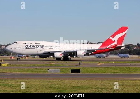 Qantas Boeing 747 VH-OEI verlässt Sydney zum letzten Mal Stockfoto