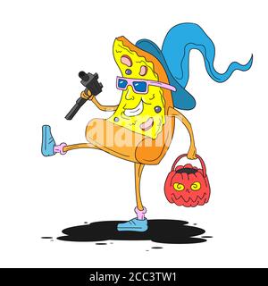 Pizza Cartoon Figur in einem Hexenhut mit einem Halloween Korb und Waffen auf einem weißen isolierten Hintergrund. Vektorbild Stock Vektor