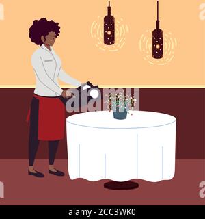 Junge afro Frau in Uniform nimmt eine Bestellung in ein Restaurant Vektor Illustration Design Stock Vektor