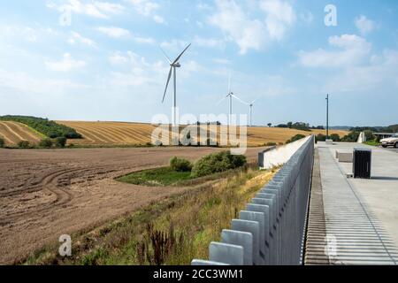 Aarhus Jütland Dänemark 26. August 2019 - Breitpflanzen AT Die Außenbezirke von Aarhus an einem sonnigen Sommernachmittag und Vesta Windmühlen Hintergrund Stockfoto