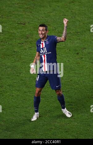 Lissabon, Portugal. August 2020. Angel Di Maria von Paris Saint-Germain feiert während des UEFA Champions League Halbfinalmatches zwischen RB Leipzig und Paris Saint-Germain F.C in Lissabon, Portugal, 18. August 2020. Kredit: Julian Finney/UEFA via Xinhua/Alamy Live Nachrichten Stockfoto