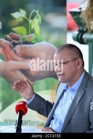 18. August 2020, Brandenburg, Niedergörsdorf/ OT Oehna: Henrik Wendorff, Präsident des Landesbäuerverbandes Brandenburg, spricht bei einer Pressekonferenz zur Erntebilanz 2020. Foto: Soeren Sache/dpa-Zentralbild/ZB Stockfoto