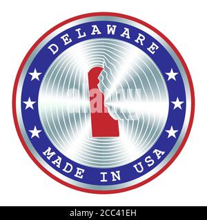 Hergestellt in Delaware lokale Produktion Schild, Aufkleber, Siegel, Stempel. Rundes Hologramm-Schild für Etikettendesign und nationales USA-Marketing Stock Vektor