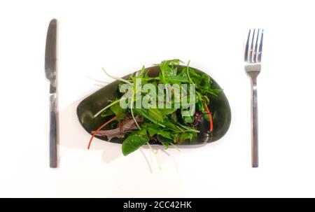 Frische Mischung grüne Salatblätter auf silberner Platte mit Messer und Gabel isoliert auf weißem Hintergrund. Stockfoto