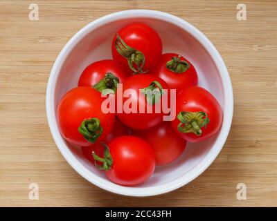 Frisch gepflückte hellrote selbstgewachsene Tomaten, Sorte Mountain Magic, in einer kleinen Schüssel Stockfoto