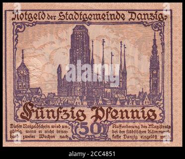 Notgeld-Banknote von Danzig (Stadt). 50 Pfennig. Im Hintergrund konnte man die St. Mary's Church sehen. April 1919 die Freie Stadt Danzig (deutsch Stockfoto