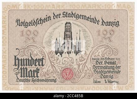 Notgeld-Banknote von Danzig (Stadt). 100 Mark (DM). Im Hintergrund konnte man die St. Mary's Church sehen. 1922 die Freie Stadt Danzig (deutsch: F Stockfoto