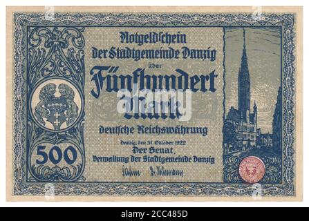 Notgeld-Banknote von Danzig (Stadt). 500 Mark (DM). Im Hintergrund konnte man sehen; lange Brücke mit Krahntor. Oktober 1922 die Freie Stadt Stockfoto