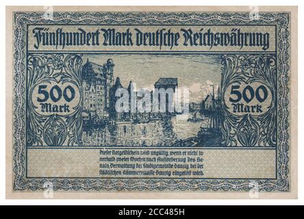 Notgeld-Banknote von Danzig (Stadt). 500 Mark (DM). Im Hintergrund konnte man sehen; lange Brücke mit Krahntor. Oktober 1922 die Freie Stadt Stockfoto