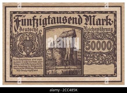 Notgeld-Banknote von Danzig (Stadt). 50000 Mark (DM). Im Hintergrund konnte man sehen; lange Brücke mit Krahntor. Oktober 1922 Die Freie Stadt Stockfoto