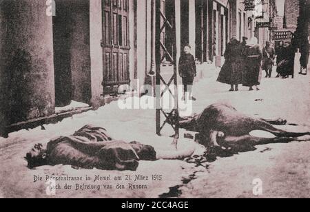 1. Weltkrieg. Postkarte der Boersen Straße in Memel (heute Klaipеda, Litauen) am 21. März 1915 nach der Befreiung von den Russen. 1 Stockfoto