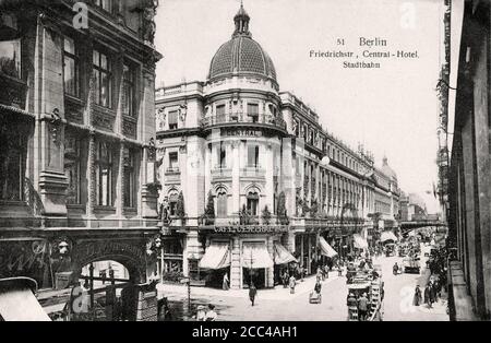 Retro-Postkarte von Berlin. Zentral Gelegenes Hotel, Friedrichstraße. Kaiserliches Deutschland, Anfang des 20. Jahrhunderts Stockfoto