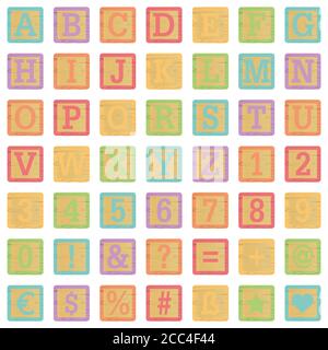 Alphabet und Zahlen auf einer Reihe von Holzwürfeln auf Ein weißer Hintergrund Stockfoto