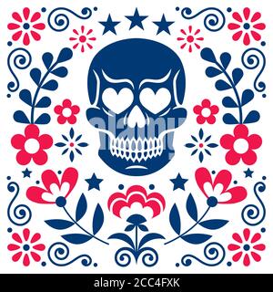 Mexikanischer Totenkopf und Blumen Vektor Design, Halloween und Day of the Dead Dekoration - Folk Art Stil Stock Vektor