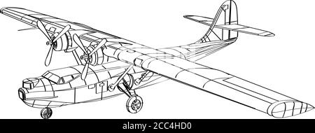 Linienzeichnung Illustration der Consolidated PBY Catalina, ein fliegendes Boot, Patrouillenbomber und Amphibienflugzeug, das in den 1930er und 19 hergestellt wurde Stock Vektor