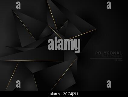 Abstrakte schwarze geometrische polygonale Form Hintergrund mit goldener Linie. Luxuriöser Stil. Low Poly Dreiecke Muster und Gold Streifen. Vektorgrafik Stock Vektor