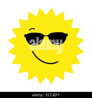 Abbildung einer lächelnden Sonne mit Sonnenbrille auf einem weißen Hintergrund Stockfoto