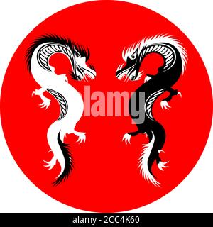 Zwei schwarz-weiße Drachen auf rotem Kreis in orientalisch Stil Stock Vektor
