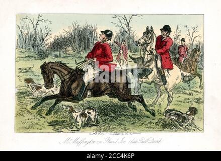 'Mr Muffington on 'Placid Ice' (Late Pull Devil)' - handkolorierte Illustration von John Leech aus Mr Facey Romfords Hounds von Robert Smith Surtees [Bradbury and Evans, London, 1865] Stockfoto