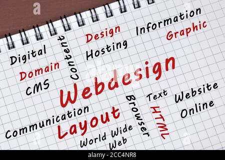 Webdesign Wort auf einem Notizblock Seite Nahaufnahme Stockfoto
